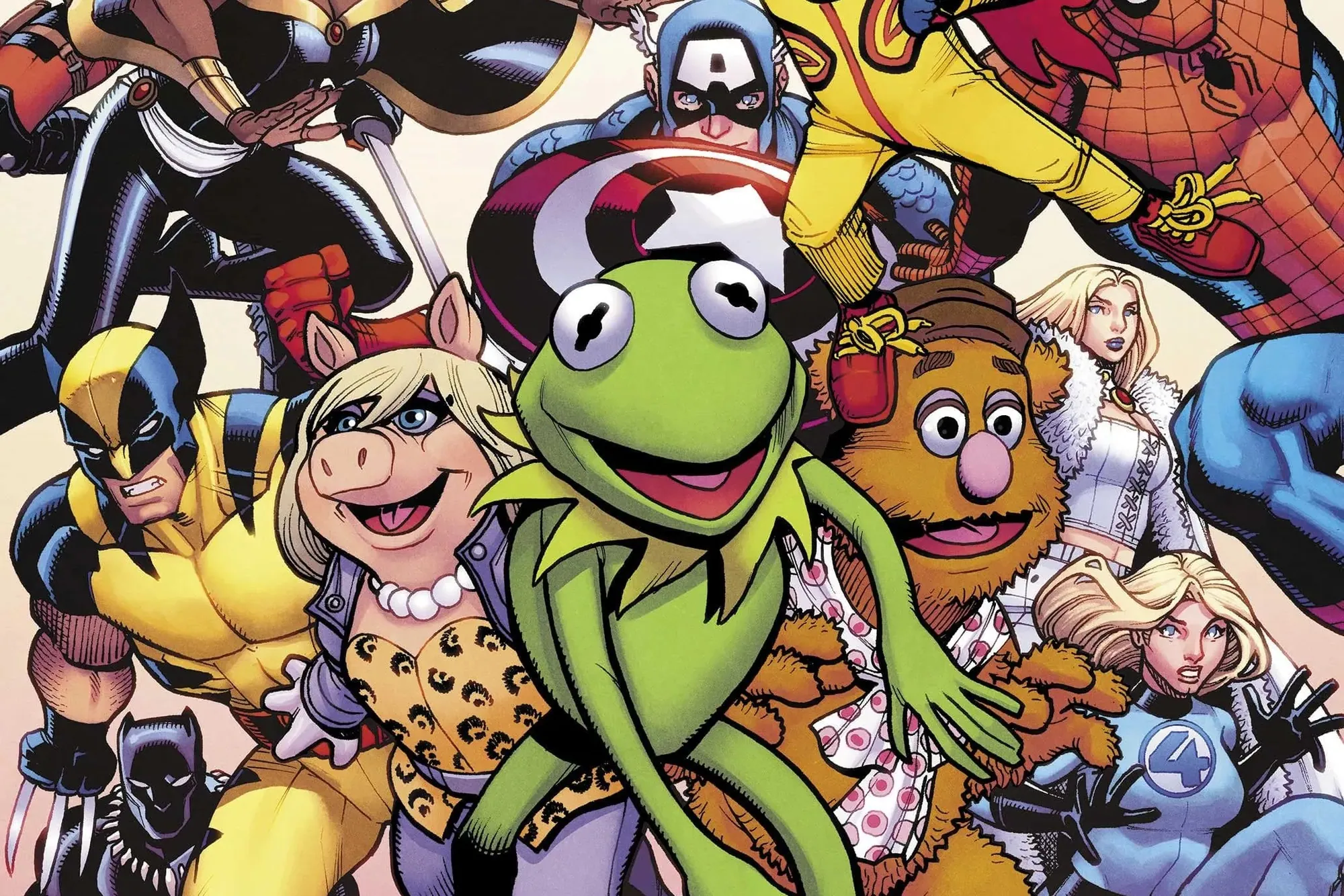 Kermit, Miss Piggy i bohaterowie Marvela na okładce komiksowego crossoveru